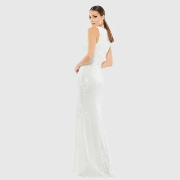 NWT Mac Duggal V-Neck Sequin Wrap Waist Gown White 8 #7667 - Picture 5 of 9